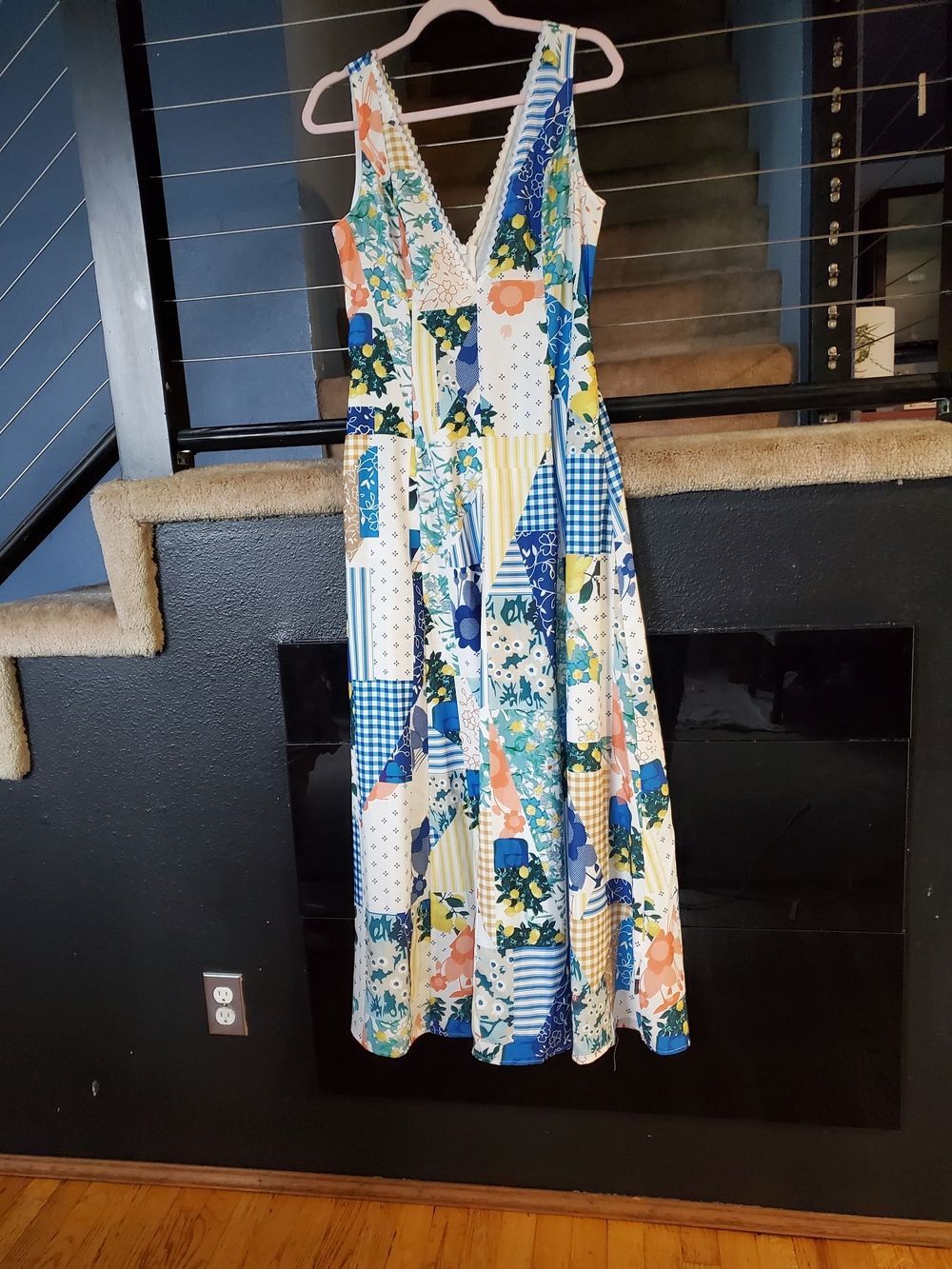 Commense Patchwork Maxi Dress in Blue, White, Yellow & Coral